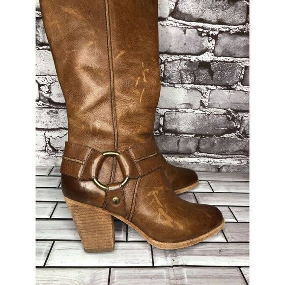 Frye Tan Brown Leather Harness Side Zipper Heel Boots Women Sz 6M US/37EU - Picture 15 of 15